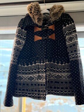Smythe Fair Isle Wool Blend Hooded Duffle Jacket Faux Fur Trim Size 4